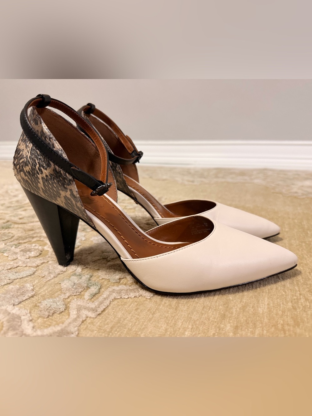 Coach Two-Tone Pointed-Toe Ankle-Strap Pumps in Cream and Black